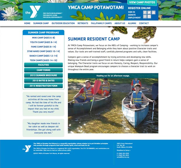 YMCA of Greater Fort Wayne Camp Website Interior Page